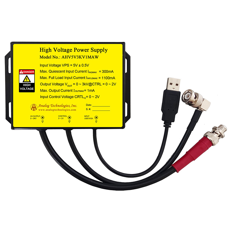 AHV5V3KV1MAW The Analog Technologies AHV5V3KV1MAW is a DC-DC converter designed for low voltage to high voltage conversion. It offers a high output voltage up to 3000V from a 5V input.