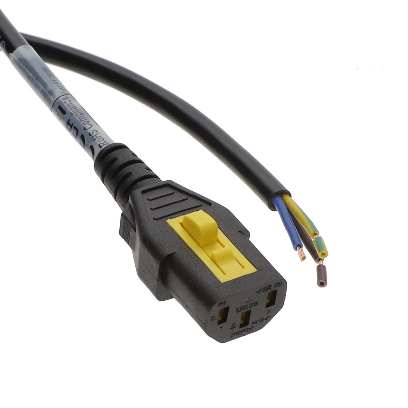 6051.2099 IEC 320-C13 power cord with female socket to leads, 5.00 m length, rated 10 A at 250 VAC.