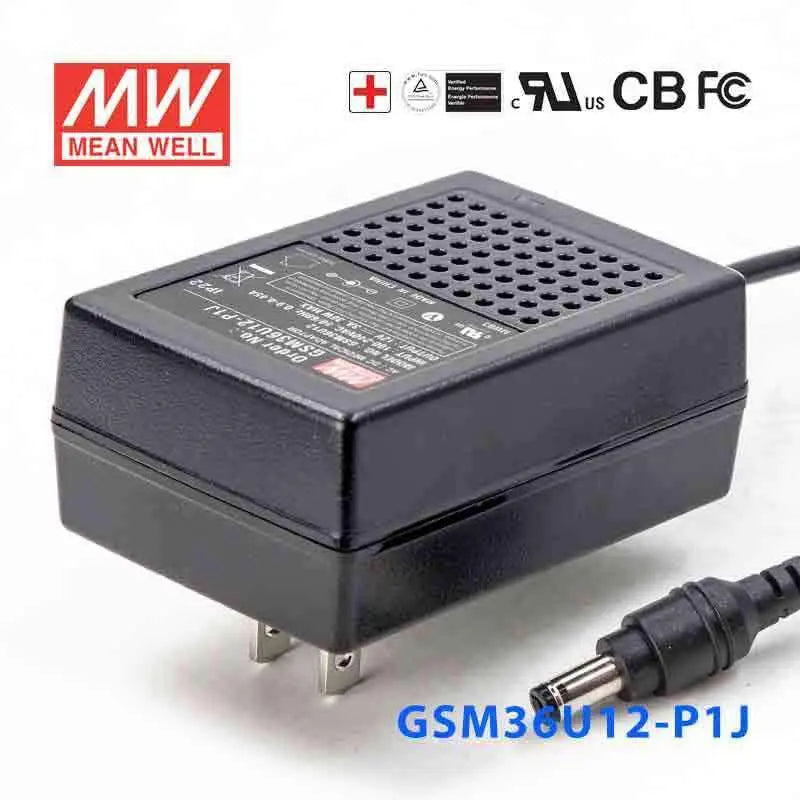 GSM36U12-P1J The Mean Well USA GSM36U12-P1J is a 36W AC/DC wall mount adapter providing a 12V output at 3A. It meets Level VI efficiency standards.