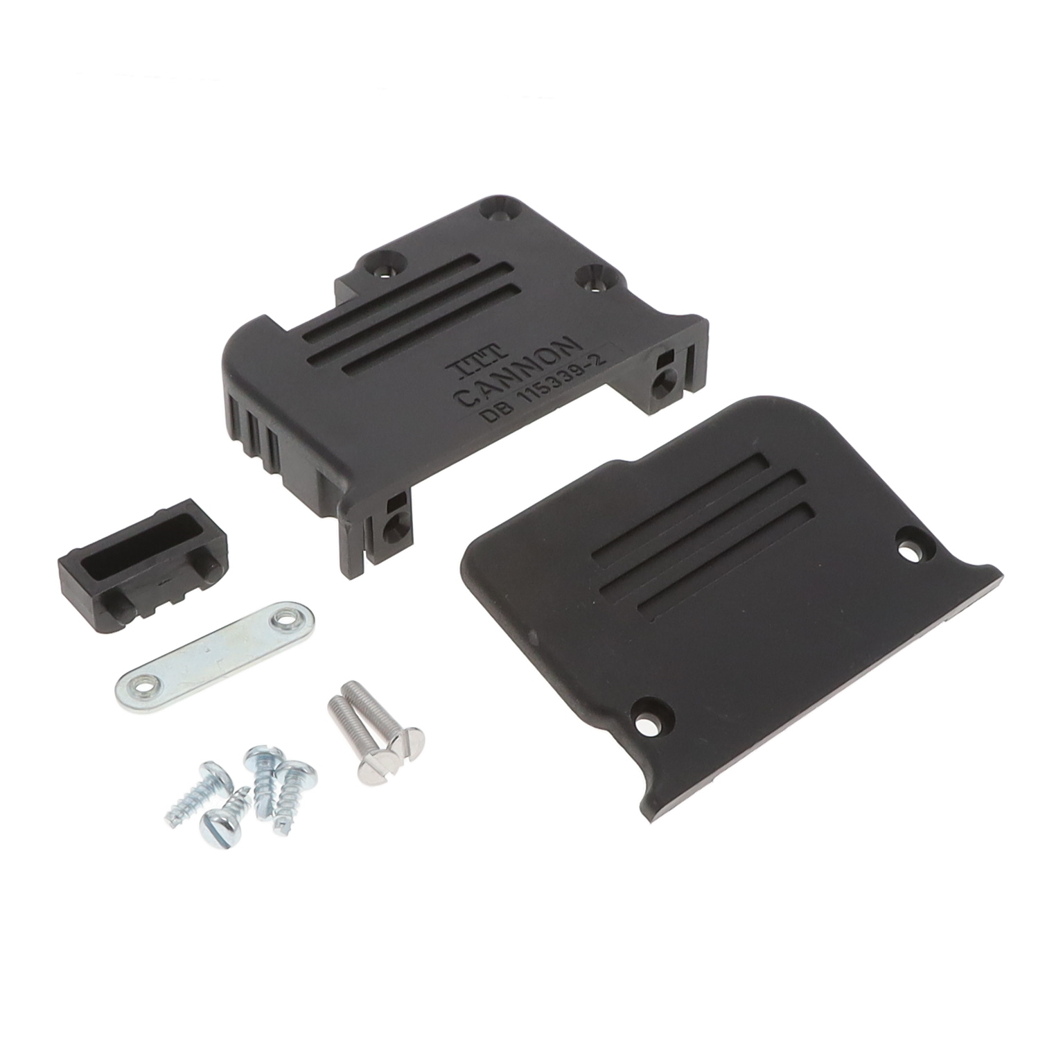 DB115339-2 ITT Cannon DB115339-2 is a two piece backshell for 25-position D-Sub connectors. It features a black thermoplastic construction, unshielded design, and supports both 90 and 180 degree cable exit.