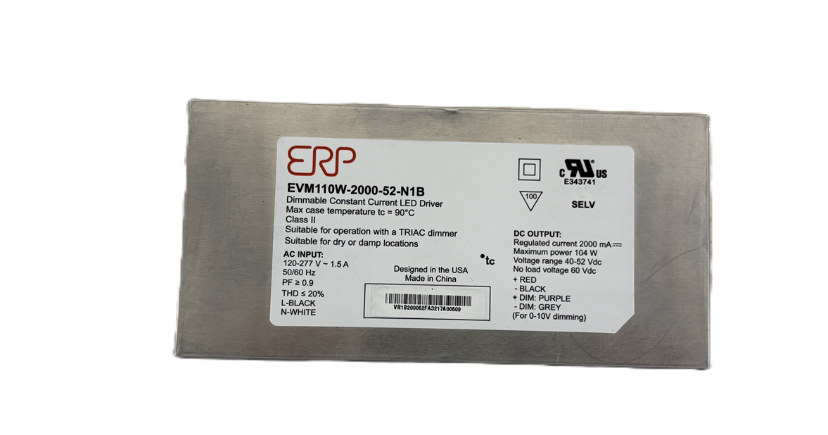EVM110W-2000-52-N1B Constant current LED driver from ERP Power, LLC. Input 120VAC, output 40-52V at 2A, 104W, 89% efficiency, analog dimming, wire leads termination.