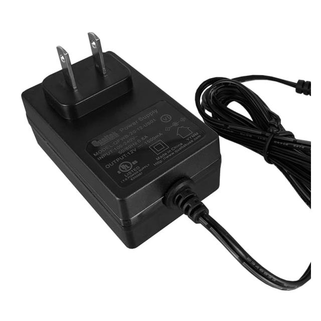 QFWB-20-10 The Qualtek QFWB-20-10 is an 18W AC/DC wall mount adapter providing a 10V output at 1.8A. It features a fixed blade input and NEMA 1-15P connector.