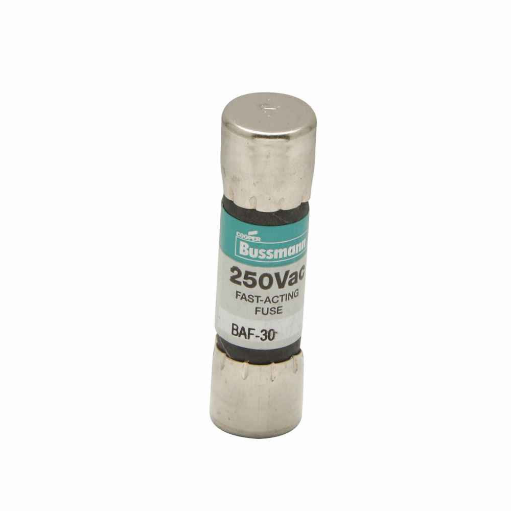 BAF-15 BAF-15 is a 15A, 250VAC fast-acting cartridge fuse from Eaton Bussmann. It features a fiber tube body with nickel-plated ends and 750A interrupting rating at 250VAC.