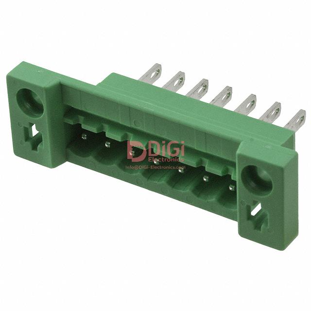 MSTB2,5/7-G-5,08 This Phoenix Contact terminal block header features 7 positions and male pins for front panel connections. It is designed for screw mounting with a front flange.