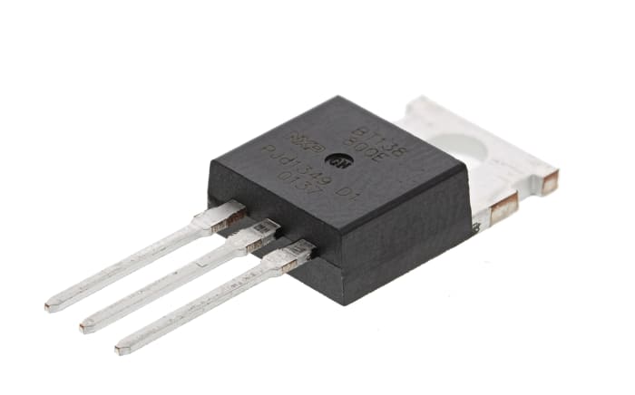 BT138-800E The WeEn Semiconductors BT138-800E is a TRIAC with a repetitive peak reverse voltage of 800V and an average on-state current of 12A. It is housed in a TO-220 package.