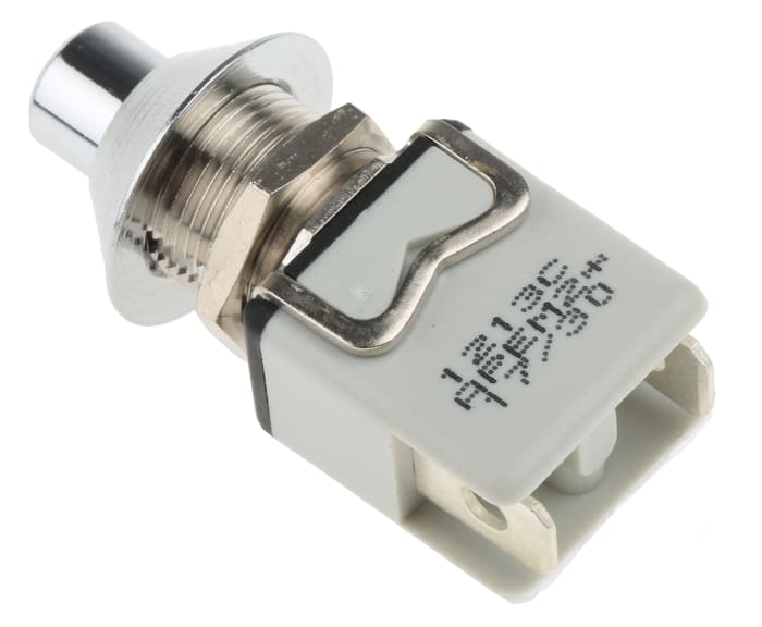 1213MC8 This APEM Inc. 1213MC8 is a momentary push button switch with SPST contacts. It features a 12.2mm panel cutout and solder terminals for easy installation.