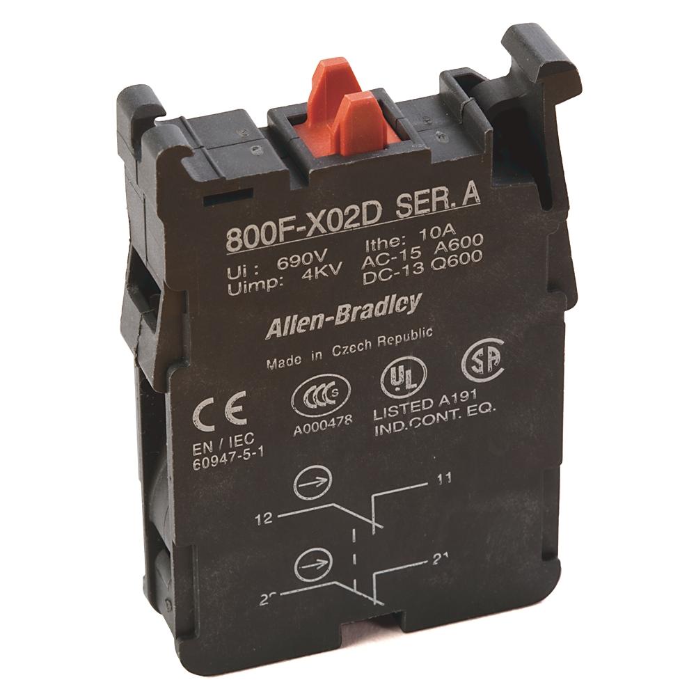 800F-X02D The Allen-Bradley 800F-X02D is a contact block with 2 Normally Closed double circuit contacts. It features a 22.5mm mounting size and screw termination.