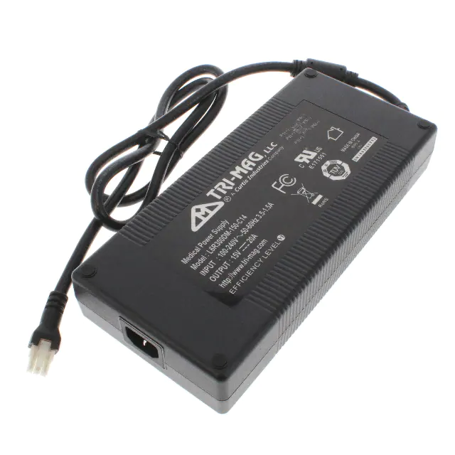 L6R300DM-150-C14 The Tri-Mag, LLC L6R300DM-150-C14 is a 300W AC/DC desktop adapter with a 15V output. It features universal input and is designed for medical applications.