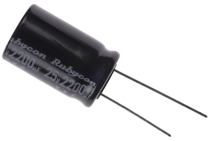 25YXF2200M16X25 This Rubycon 25YXF2200M16X25 is a 2200μF, 25V dc radial aluminum electrolytic capacitor. It is designed for through-hole mounting and operates up to 105°C.